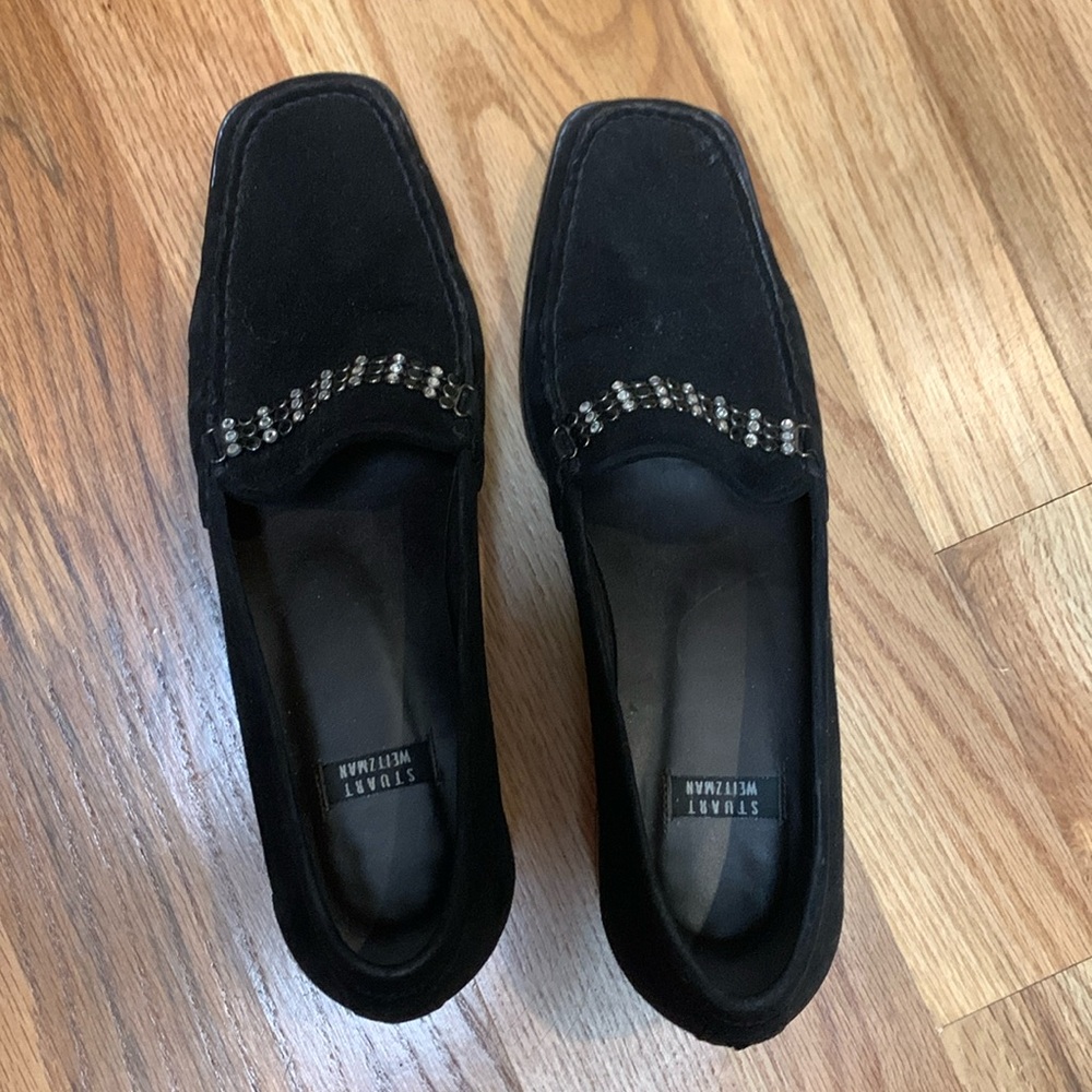 Black suede loafers by Stuart Weitzman